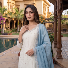 Latest Readymade Sky Blue Heavy Crunchy Handwork Pakistani Suit In Plazo
