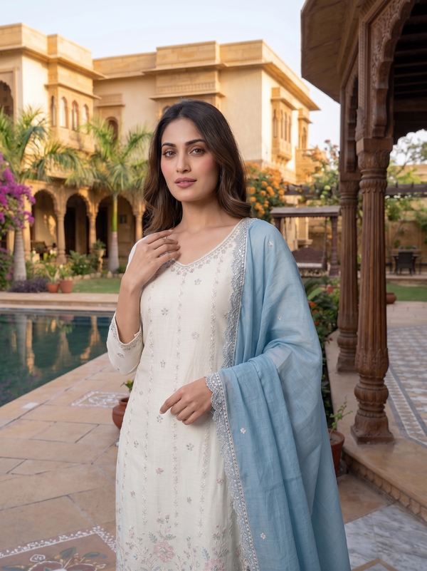 Latest Readymade Sky Blue Heavy Crunchy Handwork Pakistani Suit In Plazo