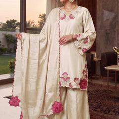Most Popular Viral Design And Most Viral Fabric Heavy Malai Satin In Biscuit With Aesthetic Work