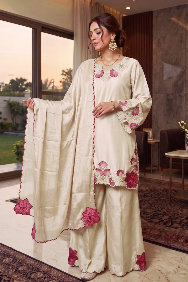 Most Popular Viral Design And Most Viral Fabric Heavy Malai Satin In Biscuit With Aesthetic Work