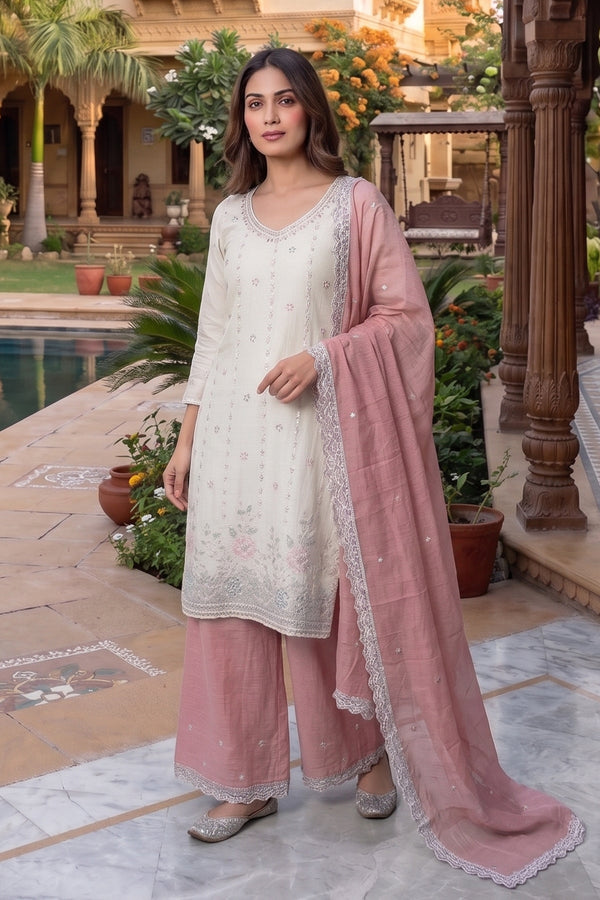 Latest Readymade Pink Heavy Crunchy Handwork Pakistani Suit In Plazo