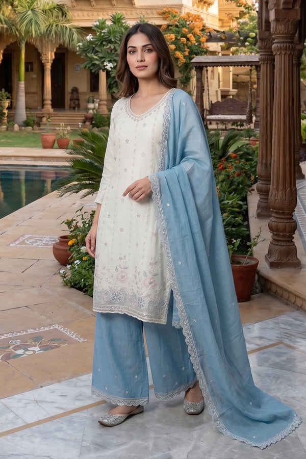 Latest Readymade Sky Blue Heavy Crunchy Handwork Pakistani Suit In Plazo