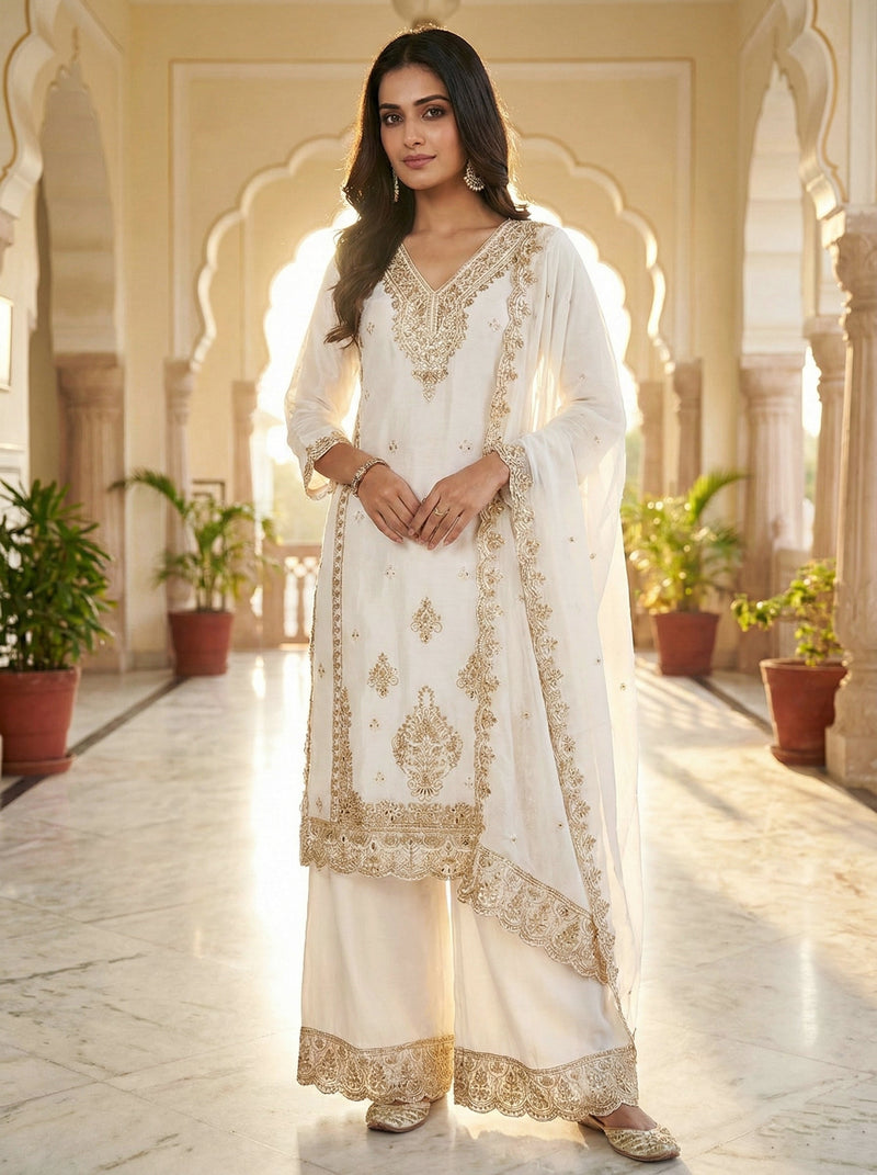 Wedding Outfit Readymade White Pakistani Style Mirror Work Heavy Chinon With Cut Work