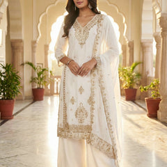 Wedding Outfit Readymade White Pakistani Style Mirror Work Heavy Chinon With Cut Work