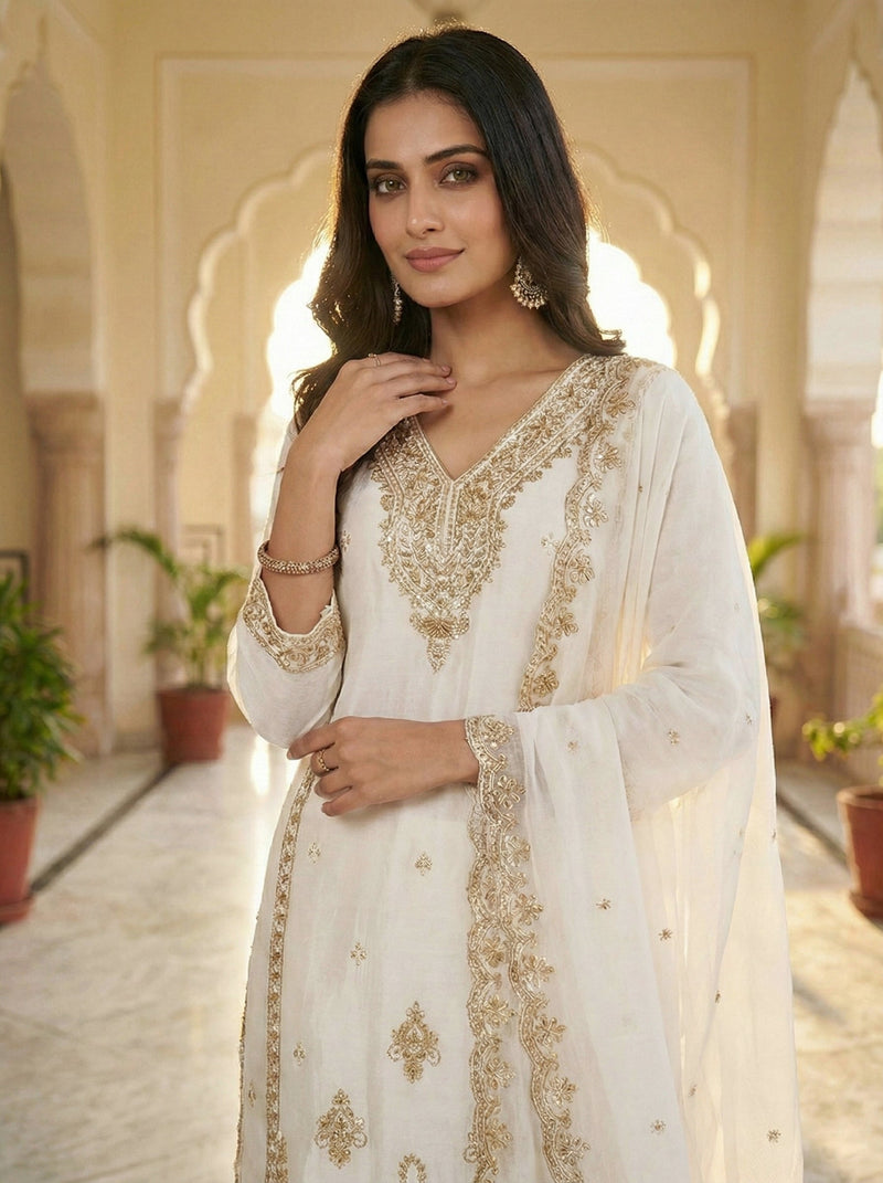 Wedding Outfit Readymade White Pakistani Style Mirror Work Heavy Chinon With Cut Work