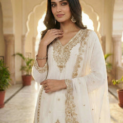 Wedding Outfit Readymade White Pakistani Style Mirror Work Heavy Chinon With Cut Work
