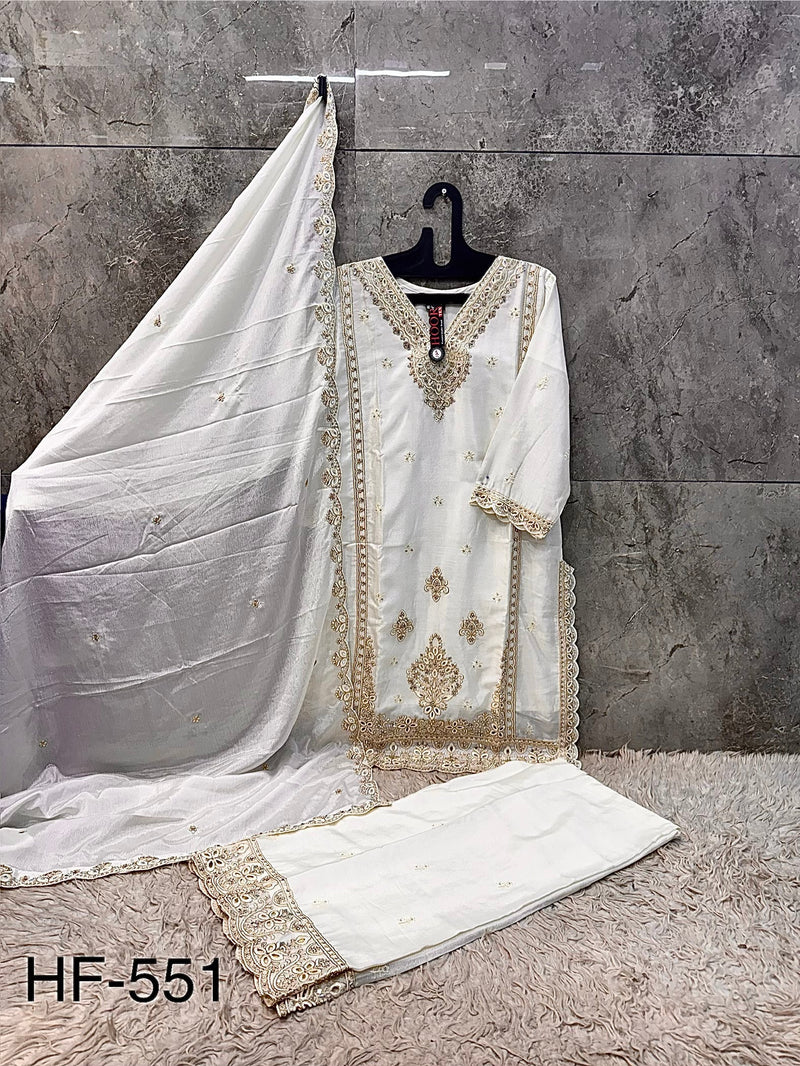 Wedding Outfit Readymade White Pakistani Style Mirror Work Heavy Chinon With Cut Work