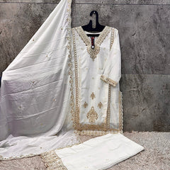 Wedding Outfit Readymade White Pakistani Style Mirror Work Heavy Chinon With Cut Work
