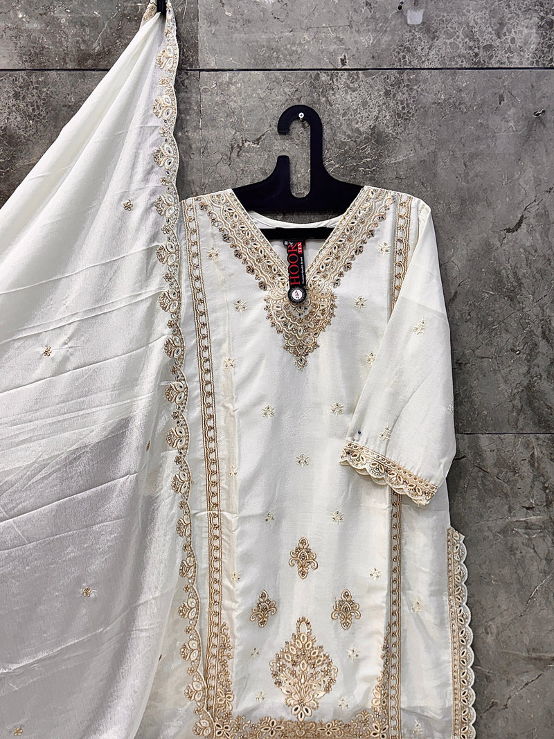 Wedding Outfit Readymade White Pakistani Style Mirror Work Heavy Chinon With Cut Work