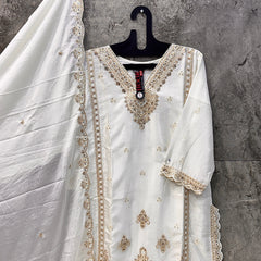 Wedding Outfit Readymade White Pakistani Style Mirror Work Heavy Chinon With Cut Work