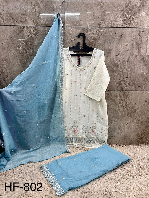 Latest Readymade Sky Blue Heavy Crunchy Handwork Pakistani Suit In Plazo
